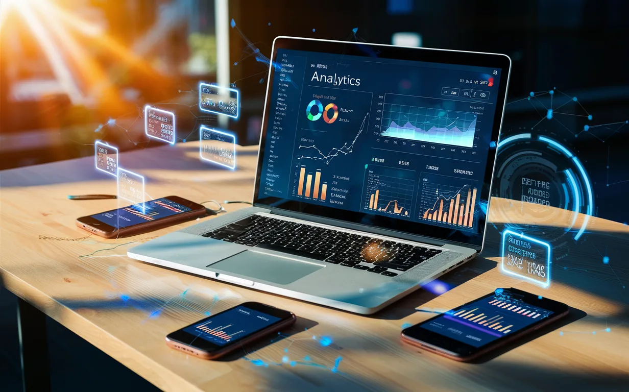 A modern digital marketing workspace with laptop showing link analytics and smartphones displaying SMS with shortened URLs, symbolizing SMS marketing and URL shortening in a clean, realistic setting.