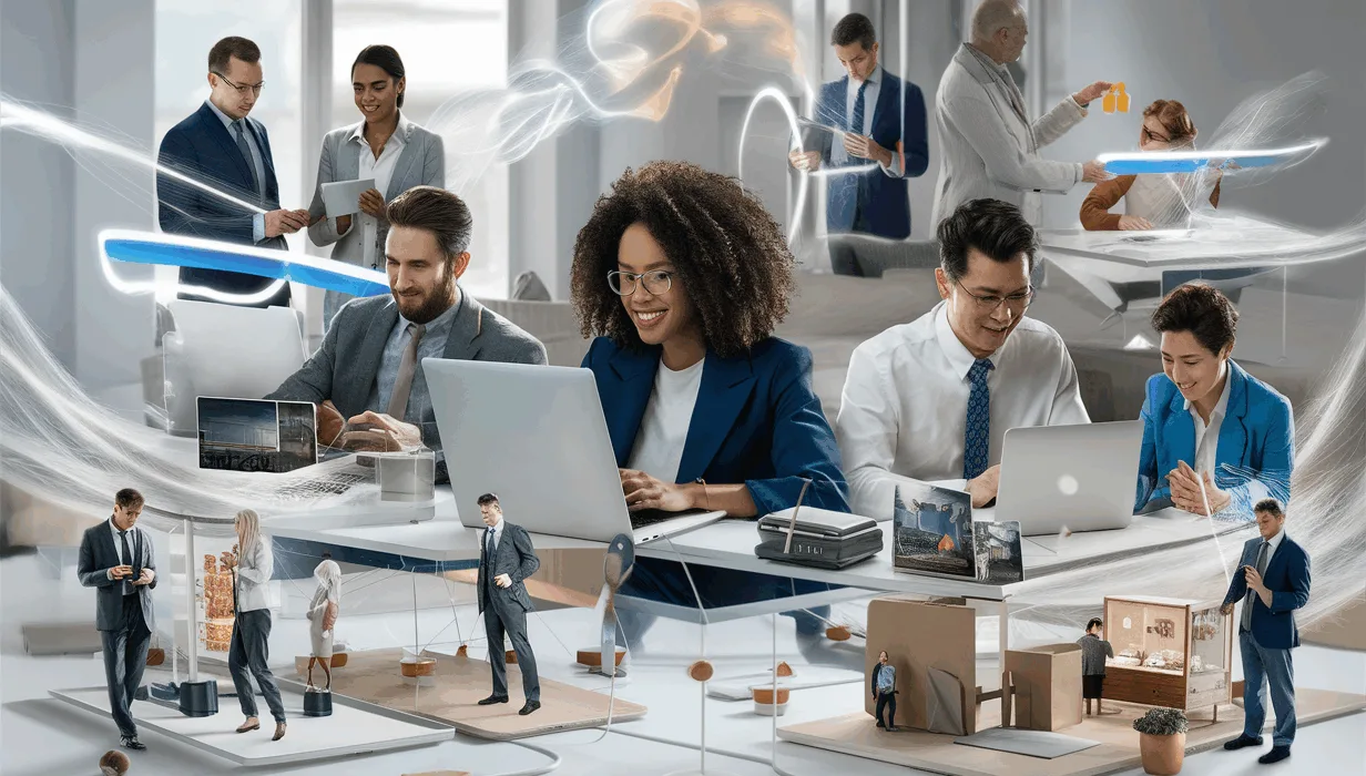 Realistic image of diverse small business owners using laptops and mobile devices in a bright modern digital marketplace, representing an all-in-one e-commerce platform for building and managing online stores.
