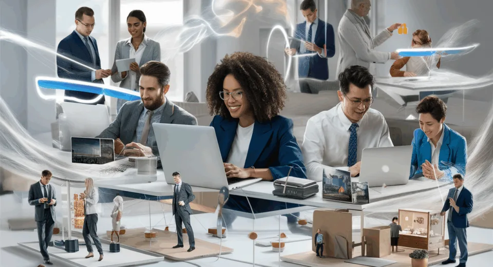 Realistic image of diverse small business owners using laptops and mobile devices in a bright modern digital marketplace, representing an all-in-one e-commerce platform for building and managing online stores.