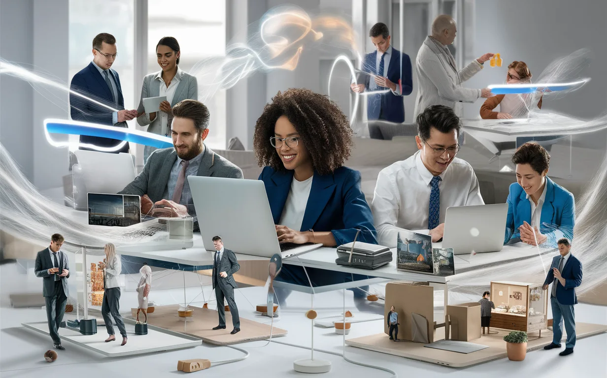Realistic image of diverse small business owners using laptops and mobile devices in a bright modern digital marketplace, representing an all-in-one e-commerce platform for building and managing online stores.