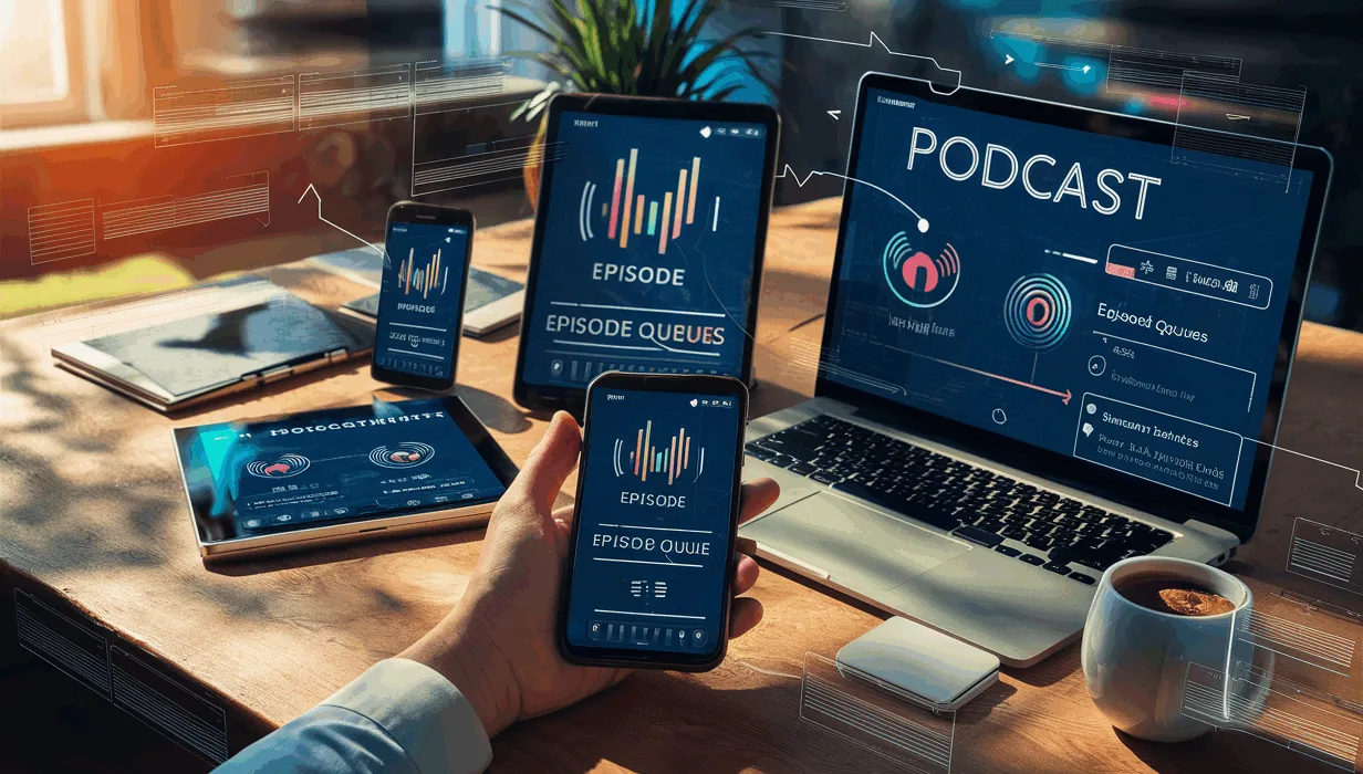 Realistic 4K digital interface illustration of a podcast curation platform managing episode queues on multiple devices, reflecting modern tech usage and efficiency.