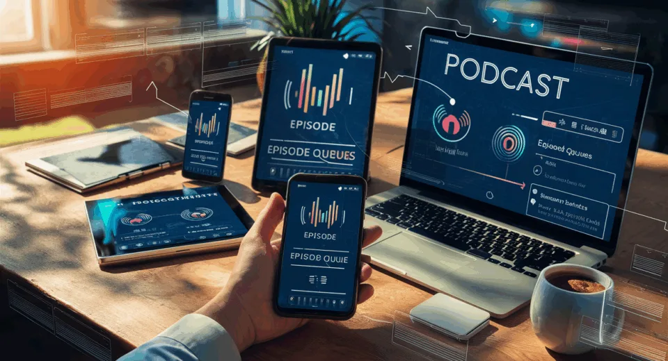 Realistic 4K digital interface illustration of a podcast curation platform managing episode queues on multiple devices, reflecting modern tech usage and efficiency.