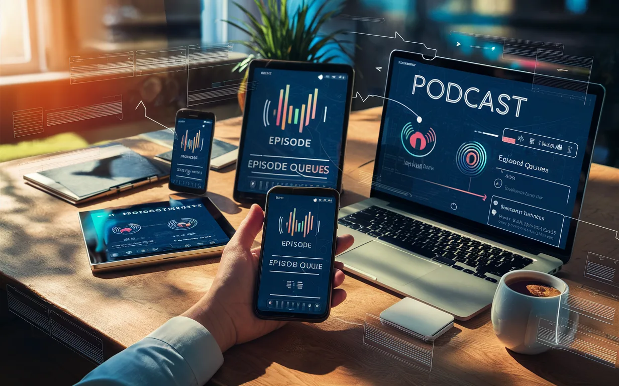 Realistic 4K digital interface illustration of a podcast curation platform managing episode queues on multiple devices, reflecting modern tech usage and efficiency.