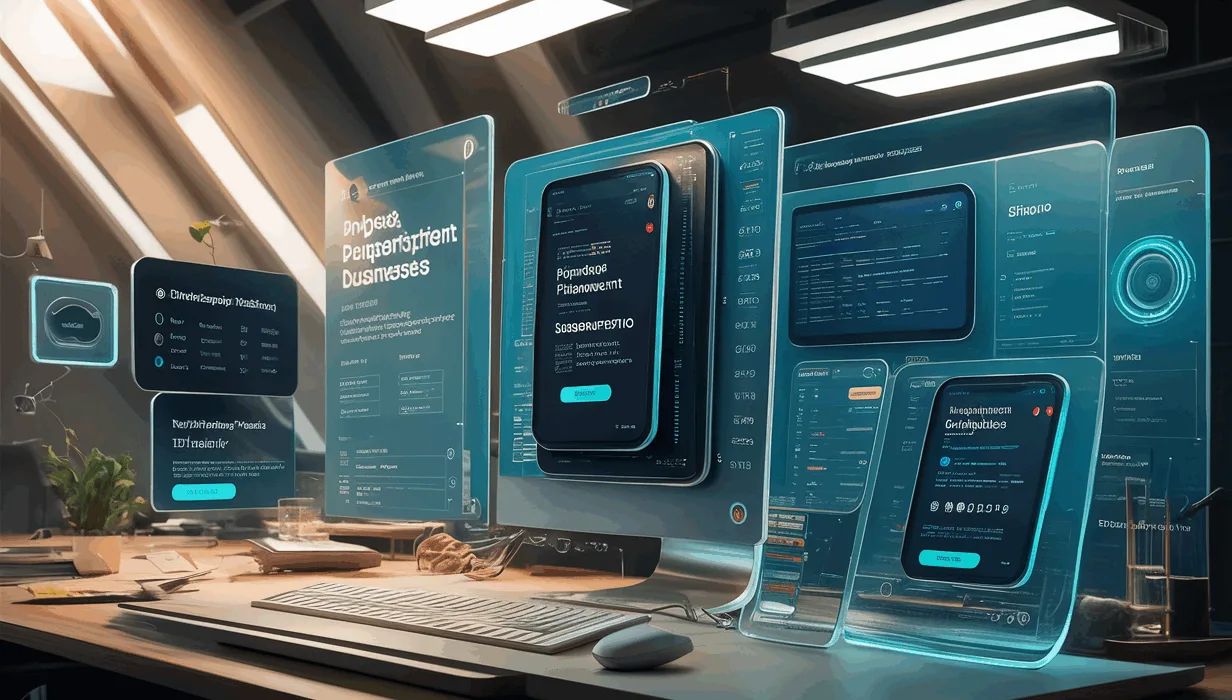 Realistic digital interface displaying a no-code membership and payment system for subscription businesses in a modern, high-tech workspace.