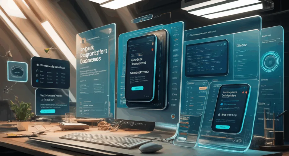 Realistic digital interface displaying a no-code membership and payment system for subscription businesses in a modern, high-tech workspace.