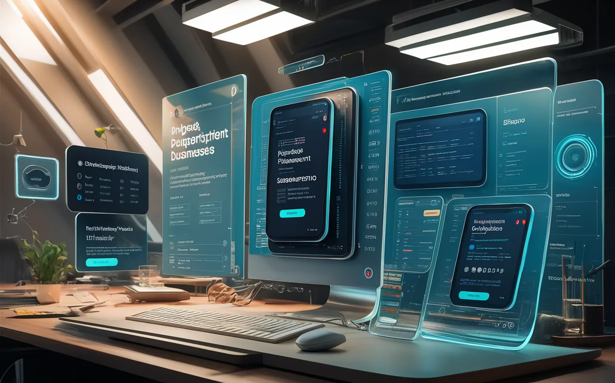 Realistic digital interface displaying a no-code membership and payment system for subscription businesses in a modern, high-tech workspace.