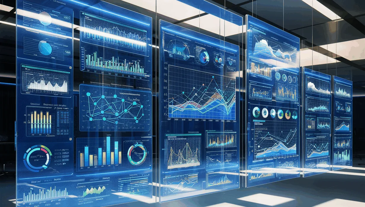 A futuristic AI-powered business intelligence dashboard with complex data visualizations on transparent digital screens in a modern office setting.