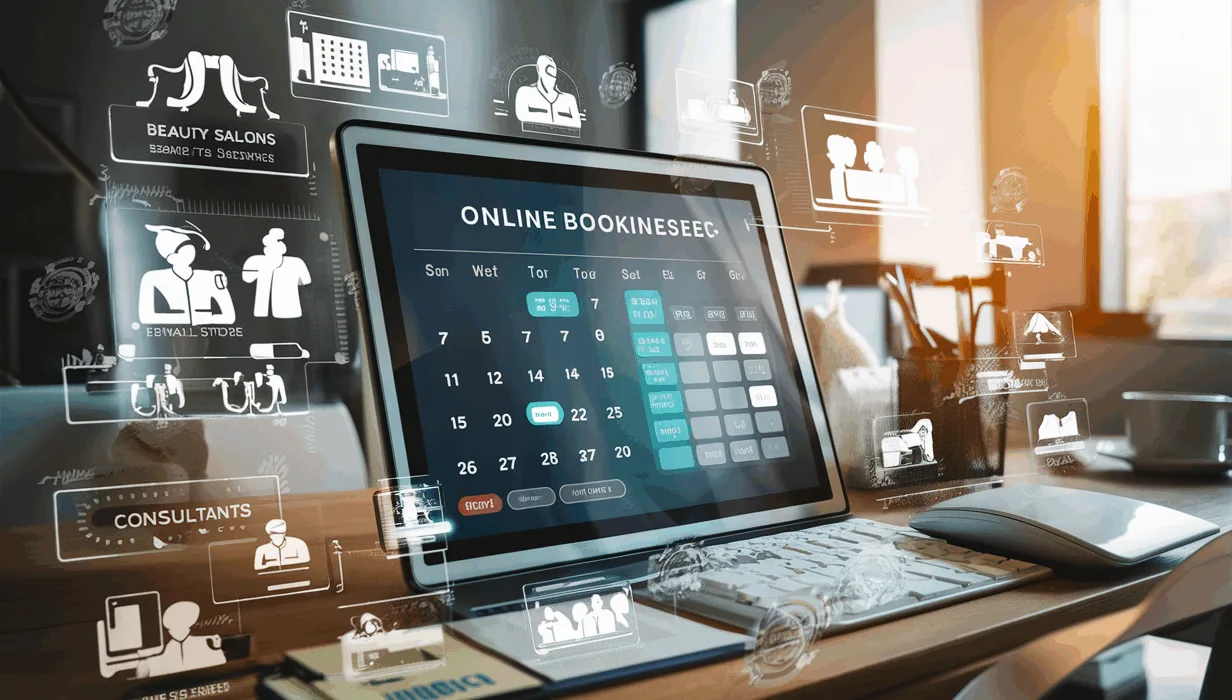 Realistic digital interface of an intuitive online booking system overlaid on subtle outlines of small business types including beauty salons, medical clinics, and fitness centers, conveying ease and professionalism.
