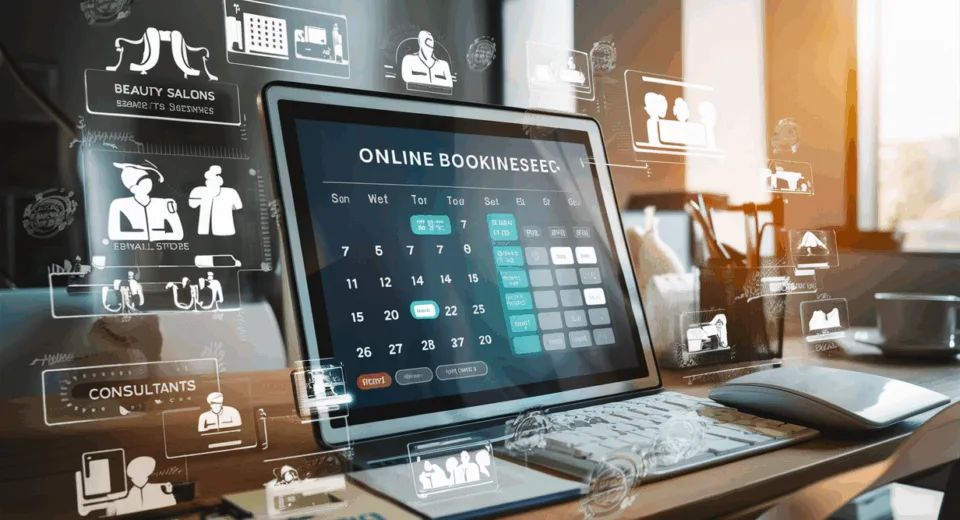 Realistic digital interface of an intuitive online booking system overlaid on subtle outlines of small business types including beauty salons, medical clinics, and fitness centers, conveying ease and professionalism.
