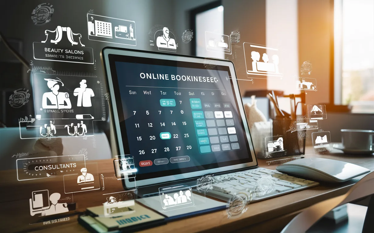Realistic digital interface of an intuitive online booking system overlaid on subtle outlines of small business types including beauty salons, medical clinics, and fitness centers, conveying ease and professionalism.