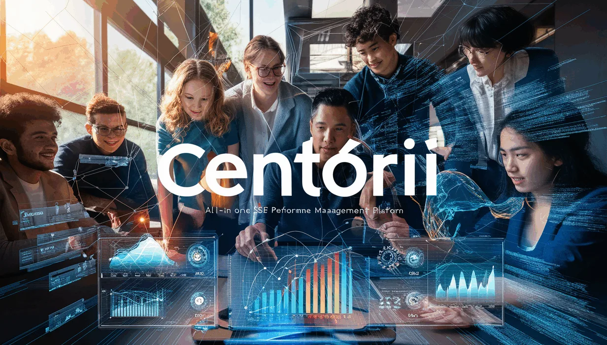 Realistic high-tech workspace with professionals collaborating around a digital dashboard showcasing SEO performance metrics and data, symbolizing an automated SEO management platform.
