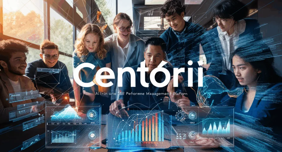 Realistic high-tech workspace with professionals collaborating around a digital dashboard showcasing SEO performance metrics and data, symbolizing an automated SEO management platform.