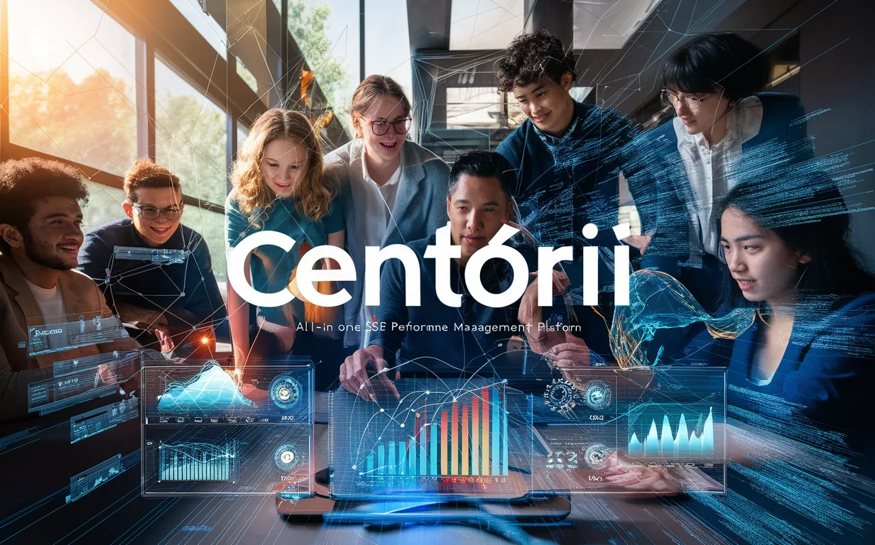 Realistic high-tech workspace with professionals collaborating around a digital dashboard showcasing SEO performance metrics and data, symbolizing an automated SEO management platform.