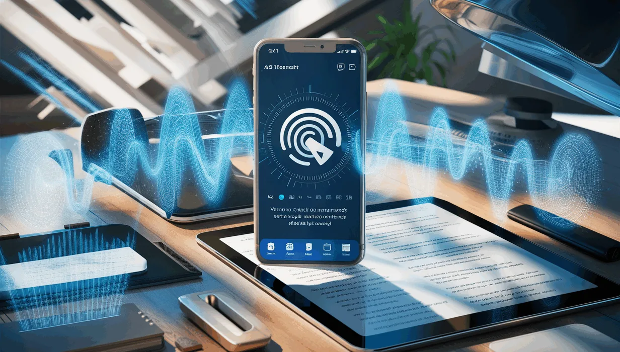 Realistic workspace with smartphone showing voice-to-text transcription and digital audio waveforms symbolizing a smart productivity app converting voice memos to text.