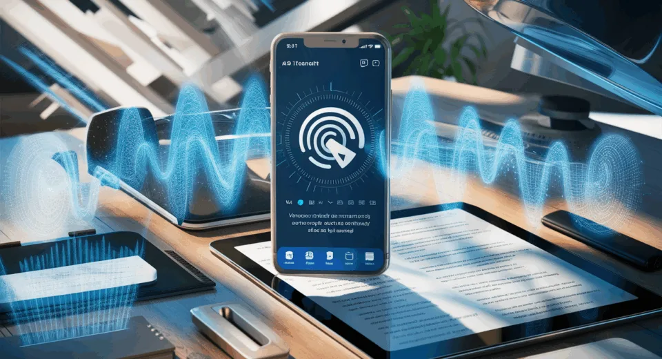 Realistic workspace with smartphone showing voice-to-text transcription and digital audio waveforms symbolizing a smart productivity app converting voice memos to text.