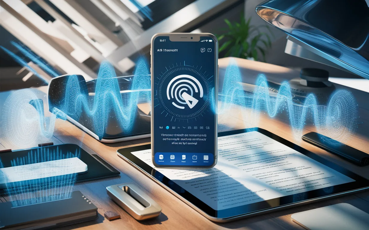 Realistic workspace with smartphone showing voice-to-text transcription and digital audio waveforms symbolizing a smart productivity app converting voice memos to text.