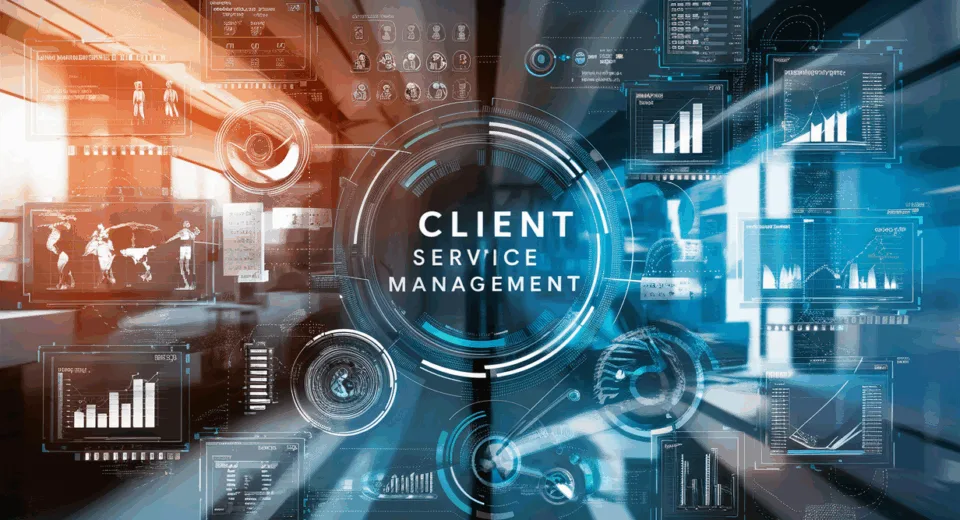 Realistic digital workspace showing interconnected project management dashboards and client data for professional service companies in a modern office setting.