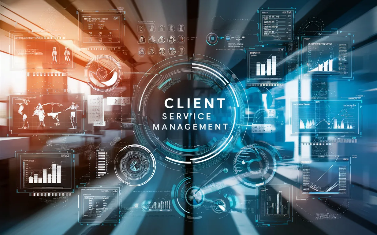 Realistic digital workspace showing interconnected project management dashboards and client data for professional service companies in a modern office setting.