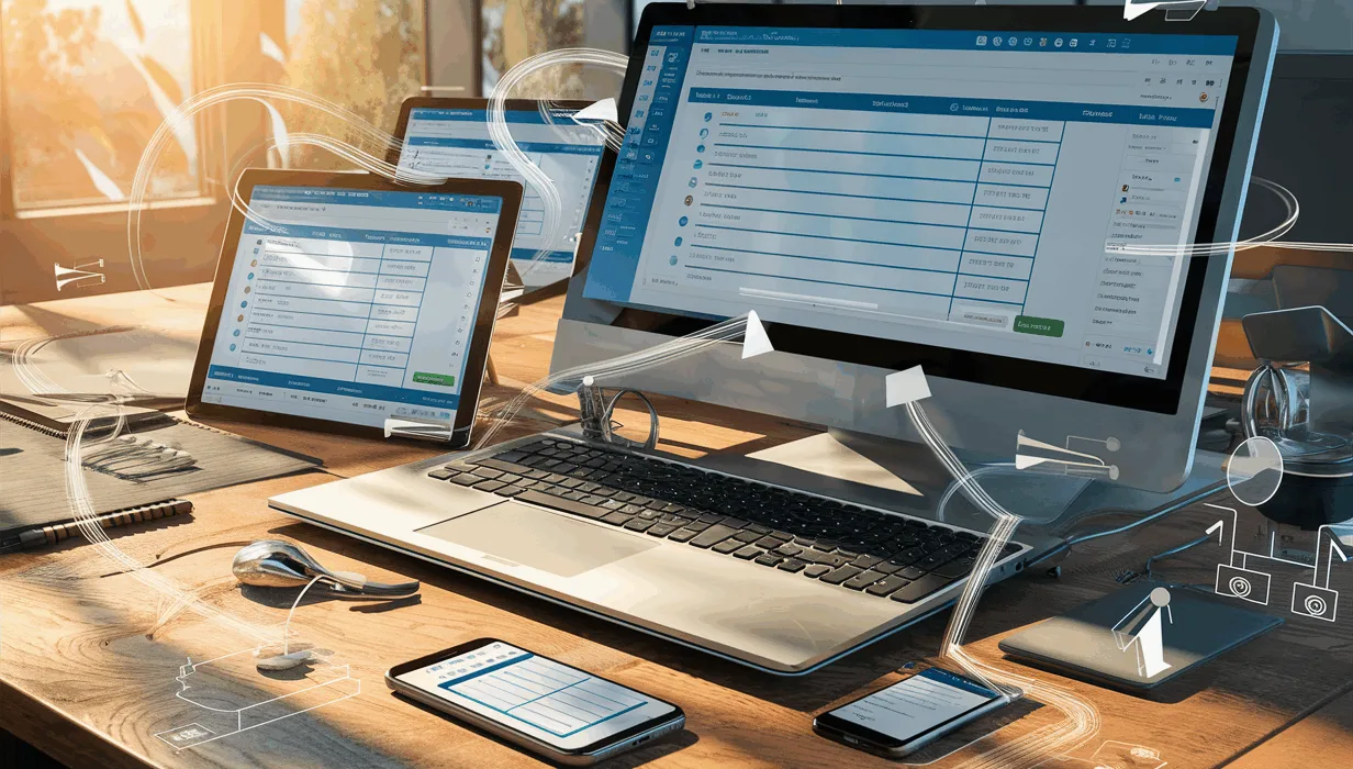 Realistic digital workspace displaying affiliate link management dashboards on multiple devices symbolizing affiliate link tracking and organization for WordPress users.
