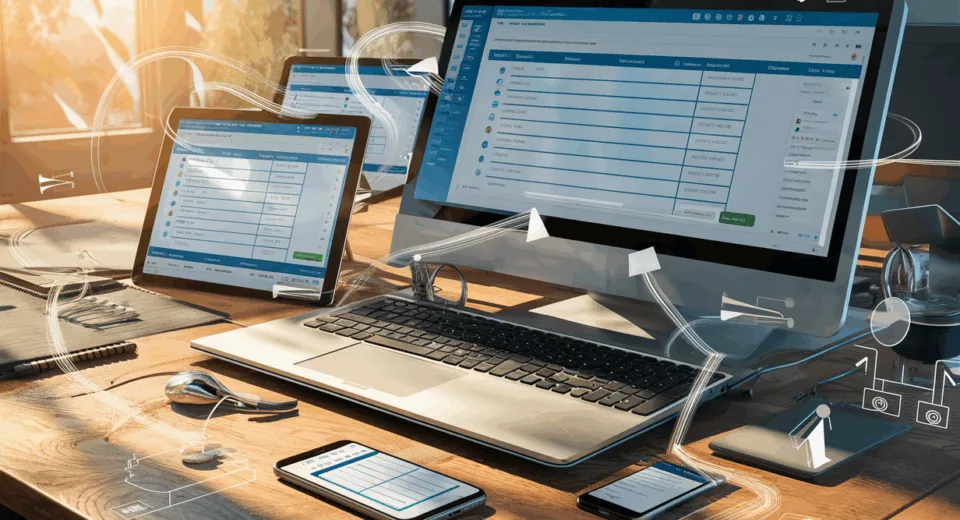 Realistic digital workspace displaying affiliate link management dashboards on multiple devices symbolizing affiliate link tracking and organization for WordPress users.