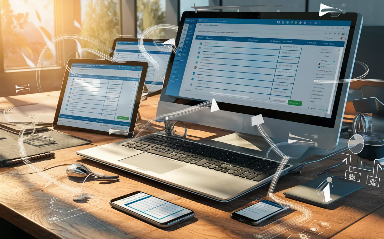 Realistic digital workspace displaying affiliate link management dashboards on multiple devices symbolizing affiliate link tracking and organization for WordPress users.
