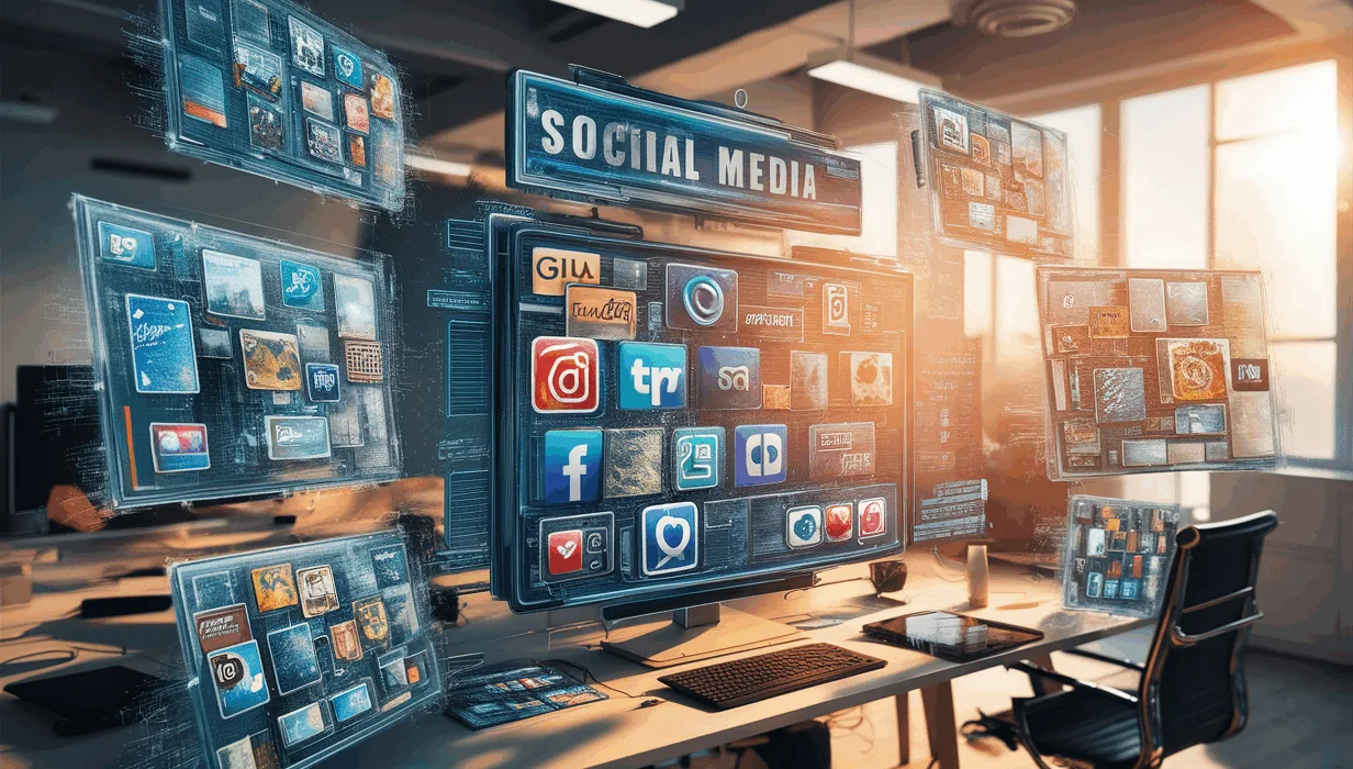 Realistic digital workspace illustrating automatic social media image generation from web links in a modern office.