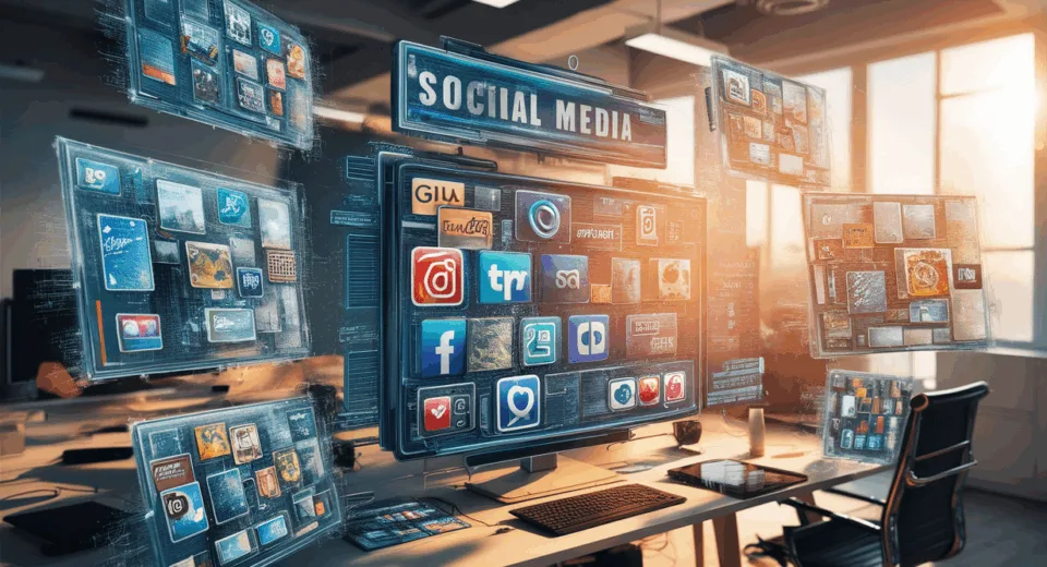 Realistic digital workspace illustrating automatic social media image generation from web links in a modern office.