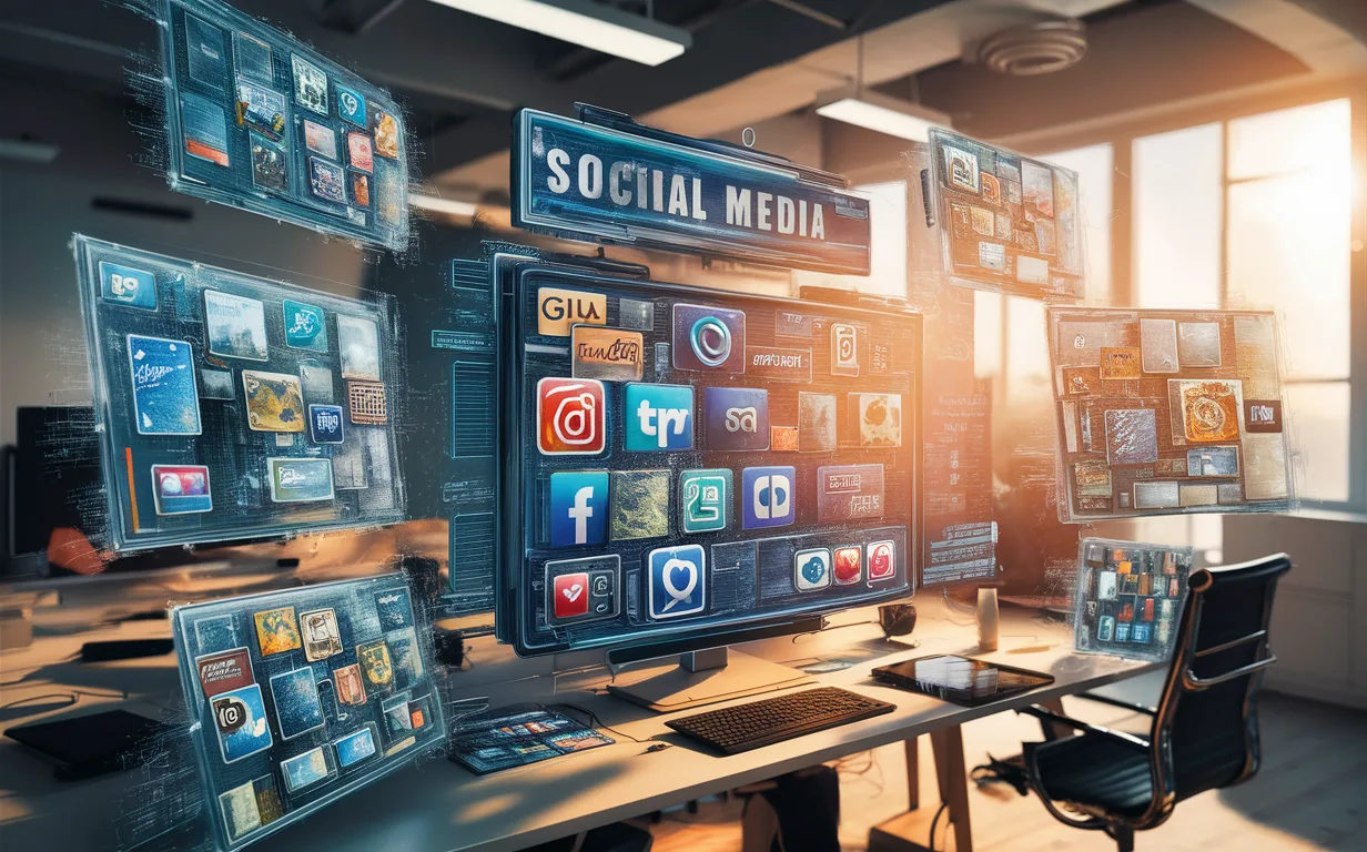 Realistic digital workspace illustrating automatic social media image generation from web links in a modern office.