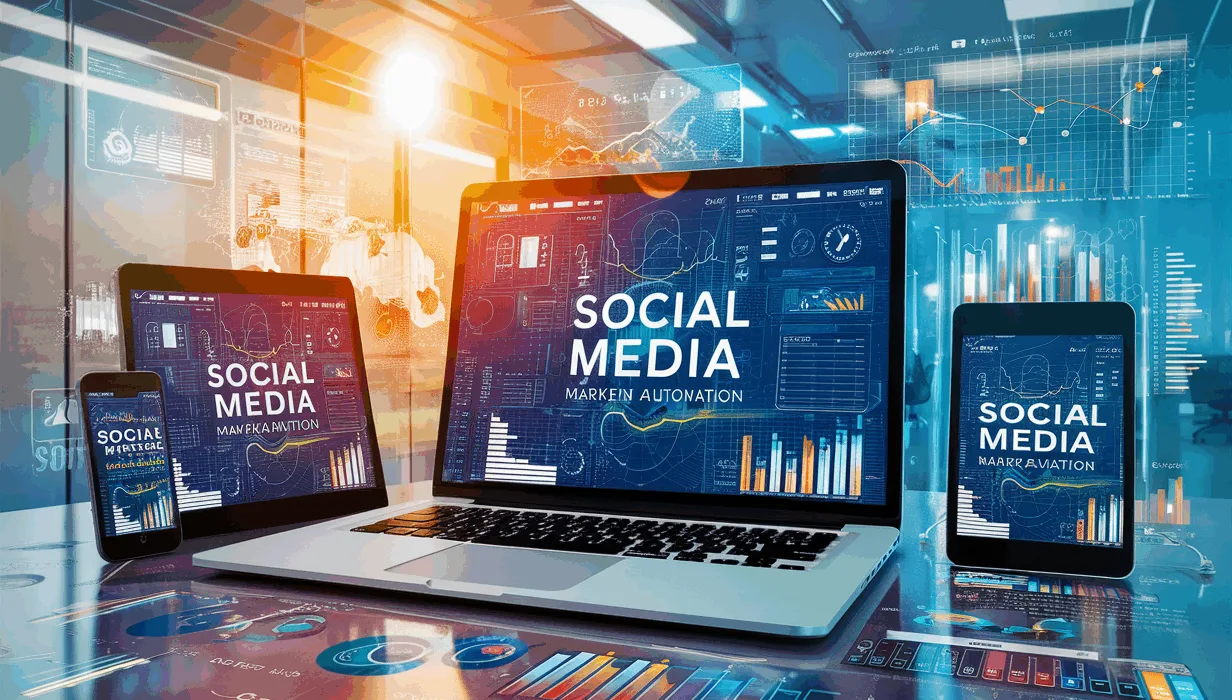 Realistic 4K image of a social media marketing automation platform interface across multiple devices in a modern office setting with abstract digital elements representing scheduling, analytics, and content planning.