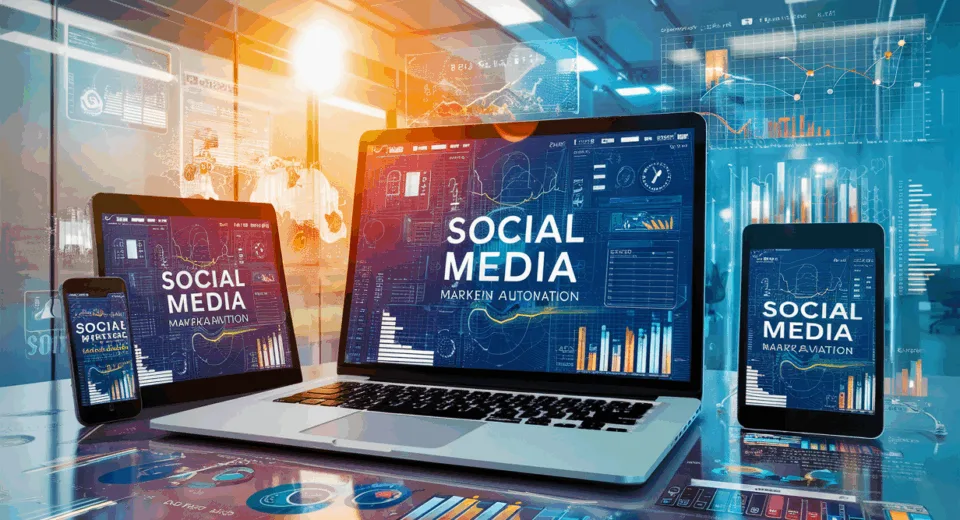 Realistic 4K image of a social media marketing automation platform interface across multiple devices in a modern office setting with abstract digital elements representing scheduling, analytics, and content planning.