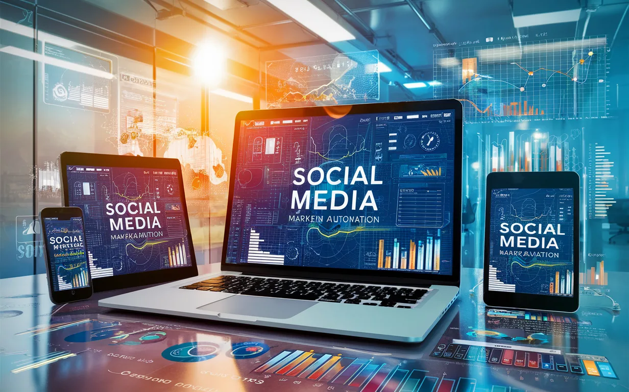Realistic 4K image of a social media marketing automation platform interface across multiple devices in a modern office setting with abstract digital elements representing scheduling, analytics, and content planning.