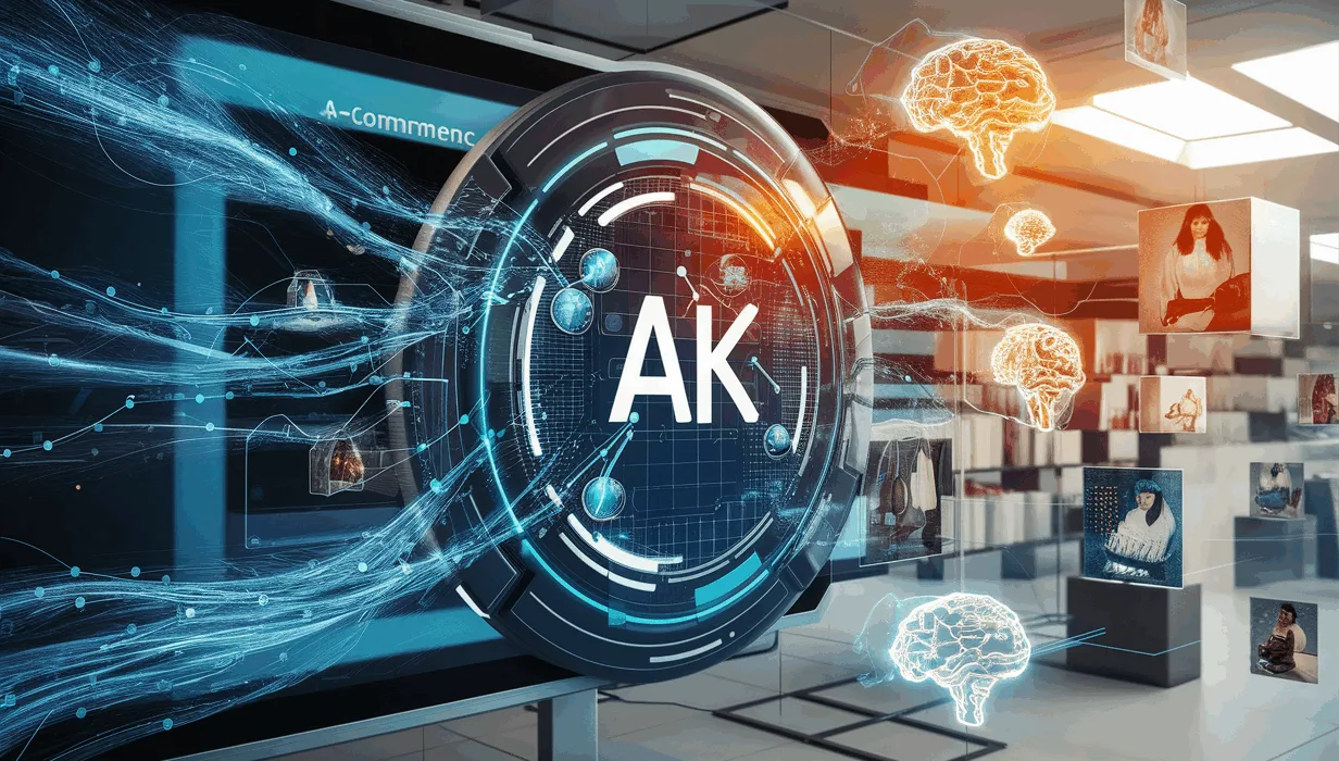 Realistic visualization of AI-powered e-commerce recommendation engine with interconnected product and customer nodes, data streams, and a modern online shopping background.