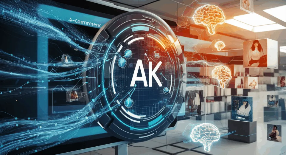 Realistic visualization of AI-powered e-commerce recommendation engine with interconnected product and customer nodes, data streams, and a modern online shopping background.