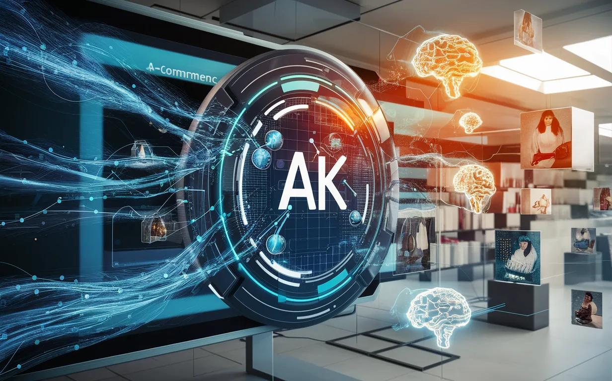 Realistic visualization of AI-powered e-commerce recommendation engine with interconnected product and customer nodes, data streams, and a modern online shopping background.