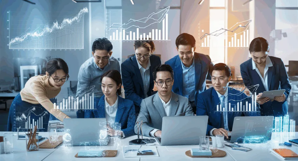Realistic depiction of a remote work team collaborating with digital productivity analytics displayed as holographic charts in a bright modern office environment.