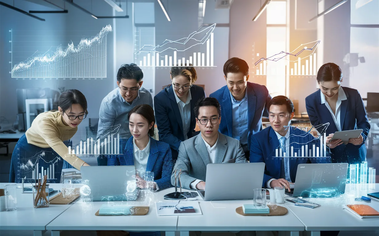 Realistic depiction of a remote work team collaborating with digital productivity analytics displayed as holographic charts in a bright modern office environment.