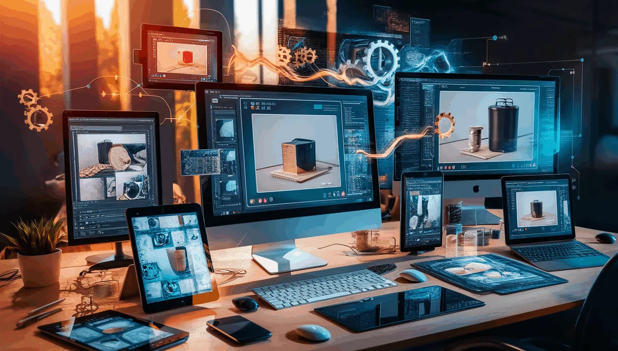 Realistic 4K image of a modern e-commerce workspace showing multiple screens with product photos being edited and optimized automatically, symbolizing an automated bulk image editing solution.