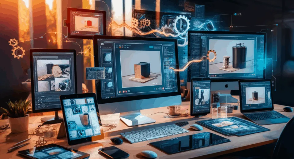 Realistic 4K image of a modern e-commerce workspace showing multiple screens with product photos being edited and optimized automatically, symbolizing an automated bulk image editing solution.