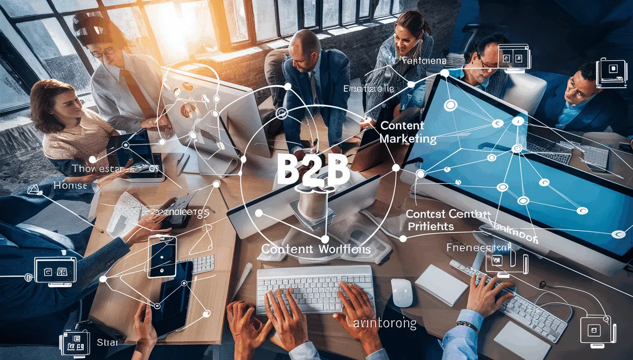 Realistic office scene showing professionals collaborating with digital diagrams representing efficient B2B content marketing platform management