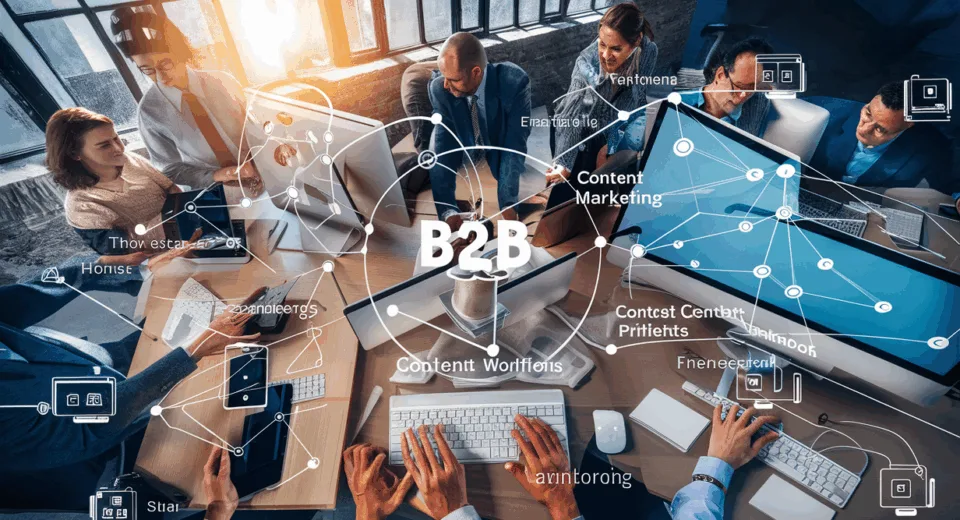 Realistic office scene showing professionals collaborating with digital diagrams representing efficient B2B content marketing platform management