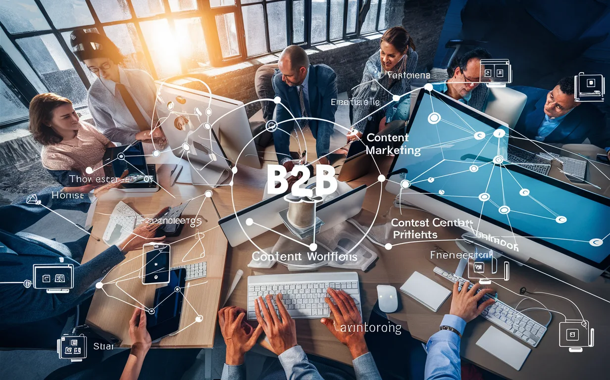 Realistic office scene showing professionals collaborating with digital diagrams representing efficient B2B content marketing platform management