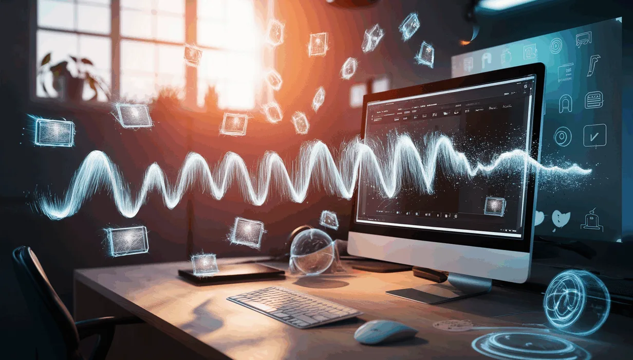 Realistic depiction of an AI tool automatically clipping long videos into short social media clips on a modern computer screen in a tech environment.