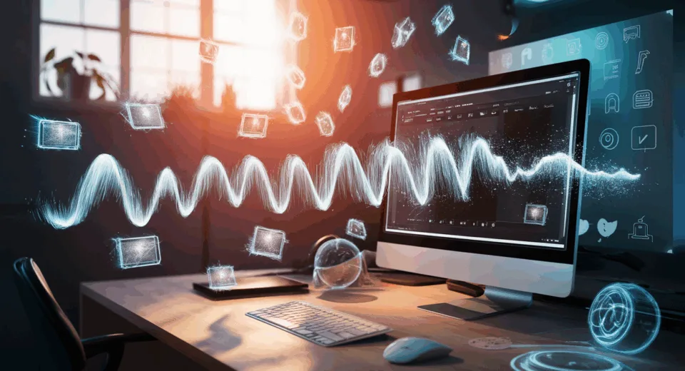 Realistic depiction of an AI tool automatically clipping long videos into short social media clips on a modern computer screen in a tech environment.