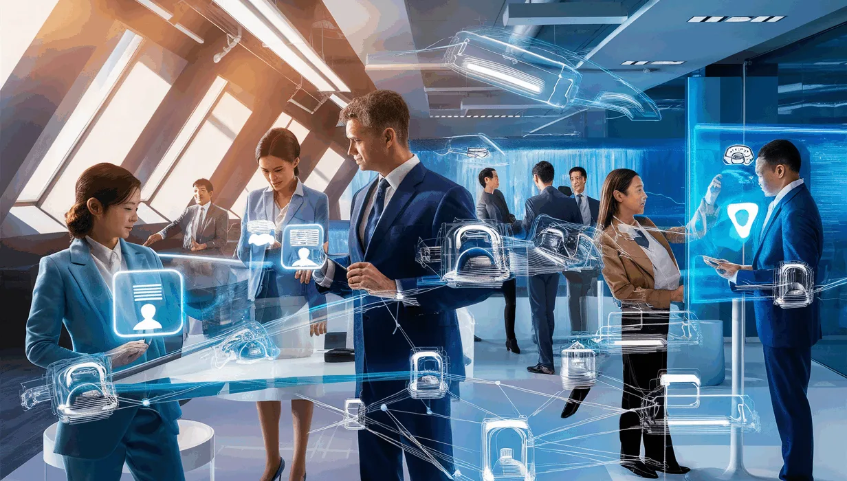 Realistic modern office scene with professionals using AI chatbot technology for automated customer communication, featuring futuristic transparent screens and digital interface elements.