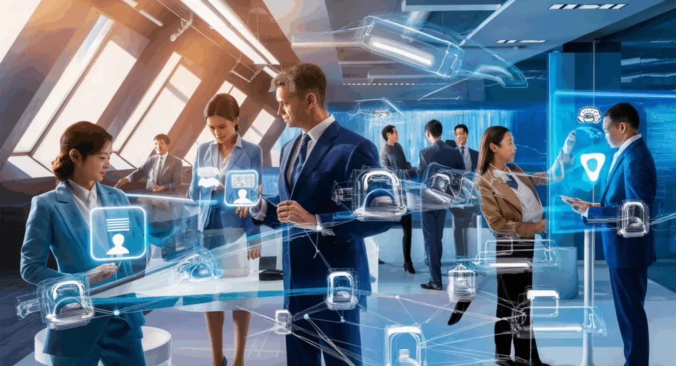 Realistic modern office scene with professionals using AI chatbot technology for automated customer communication, featuring futuristic transparent screens and digital interface elements.