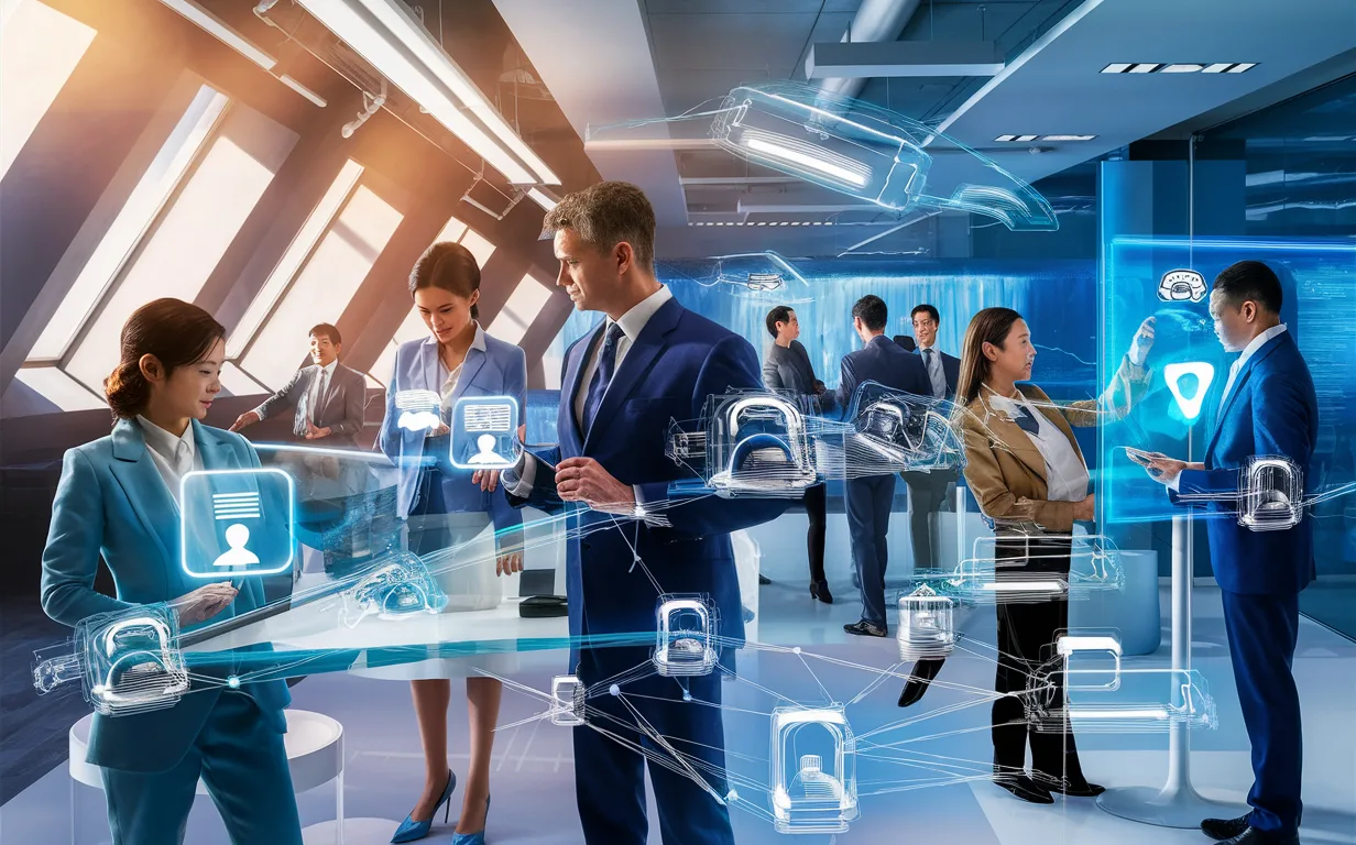 Realistic modern office scene with professionals using AI chatbot technology for automated customer communication, featuring futuristic transparent screens and digital interface elements.