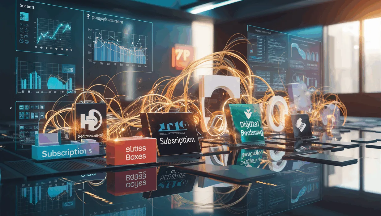 A futuristic digital dashboard illustrating a subscription payment management system connecting various industries with dynamic graphs and network visualizations in a modern workspace.