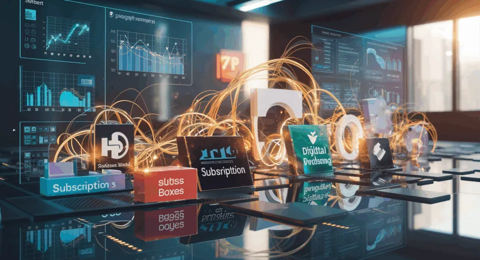 A futuristic digital dashboard illustrating a subscription payment management system connecting various industries with dynamic graphs and network visualizations in a modern workspace.