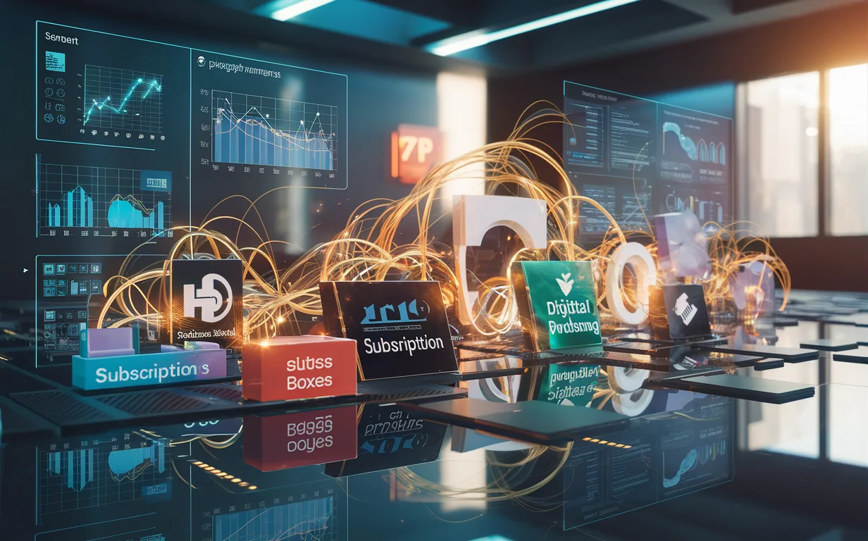 A futuristic digital dashboard illustrating a subscription payment management system connecting various industries with dynamic graphs and network visualizations in a modern workspace.