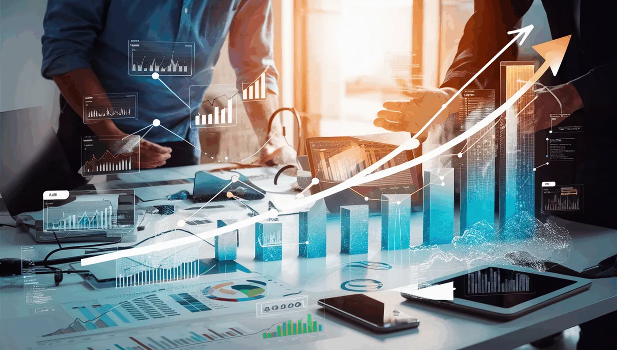 Modern digital workspace illustrating professional content marketing services for SaaS companies with charts, data flows, and technology devices under natural lighting.